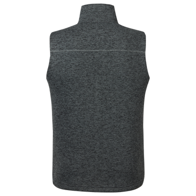 Back view of the Fall Brake Sweater Fleece Vest, featuring a heather-gray knit fabric, stand-up collar, and horizontal seam, ideal for layering in cold weather.