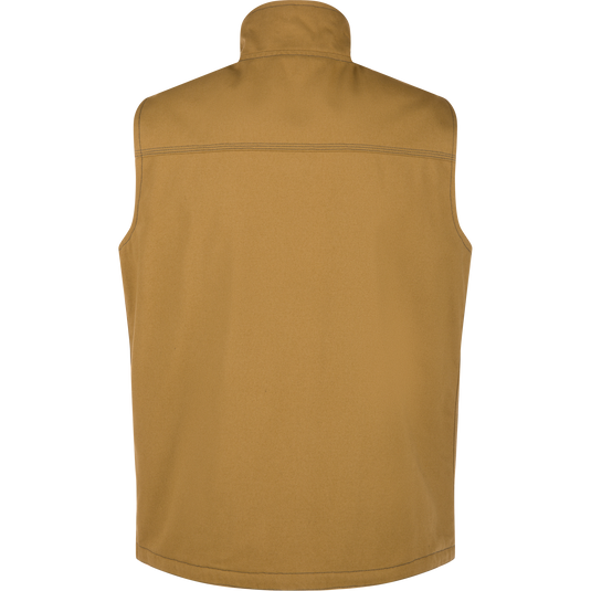 Back view of a tan Canvas Sherpa Lined Work Vest with a high collar.