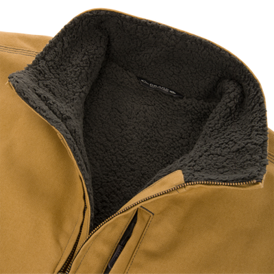 Lifestyle Canvas Sherpa Lined Work Vest in tan canvas with a dark grey sherpa-lined interior and a zippered front.