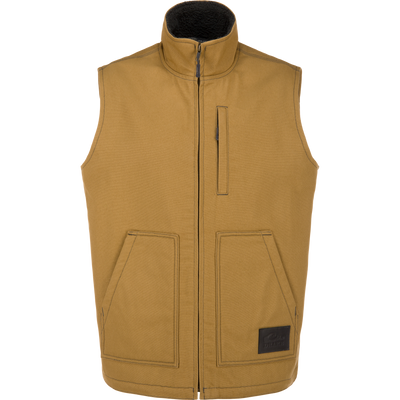 Antique Bronze Canvas Sherpa Lined Work Vest with a sherpa-lined interior, zip-up front, high collar, two hand pockets, and a vertical chest pocket.
