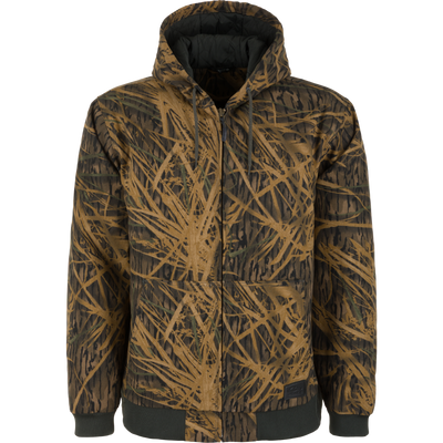 Lifestyle Duck Canvas Work Jacket, a water-resistant zip-up hooded jacket in a Mossy Oak Original Shadow Grass camouflage pattern with a black lining and ribbed hem.