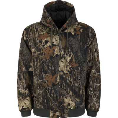 Lifestyle Duck Canvas Work Jacket in Mossy Oak Original Breakup woodland camouflage with a zip-up front and dark ribbed cuffs and hem.
