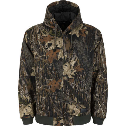 Lifestyle Duck Canvas Work Jacket in Mossy Oak Original Breakup woodland camouflage with a zip-up front and dark ribbed cuffs and hem.