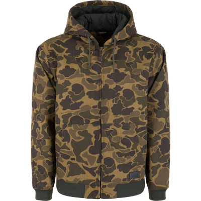 Duck Canvas Work Jacket in an Old School Sport camouflage print, featuring a water-resistant hooded zip-up design with ribbed cuffs and hem.