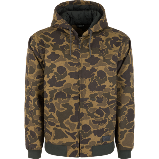 Duck Canvas Work Jacket in an Old School Sport camouflage print, featuring a water-resistant hooded zip-up design with ribbed cuffs and hem.
