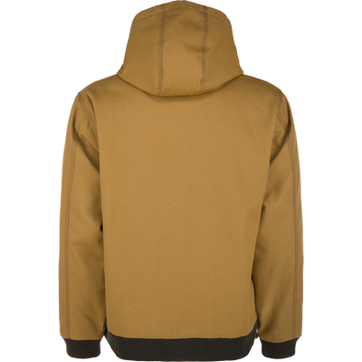 Back view of a tan Lifestyle Duck Canvas Work Jacket with a hood and black ribbed waistband and cuffs.