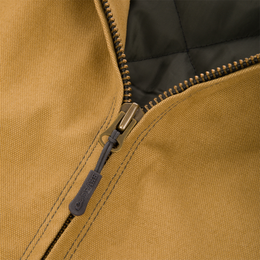 Close-up of a tan Duck Canvas Work Jacket featuring a metal zipper with a dark grey pull tab.