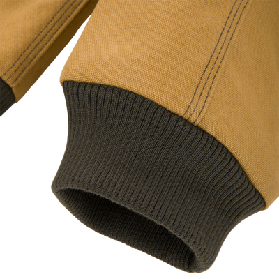 Tan insulated sleeve of the Lifestyle Duck Canvas Work Jacket with a ribbed dark brown cuff.