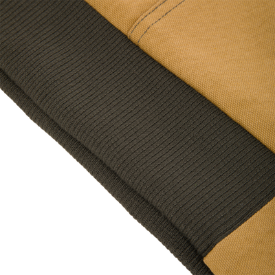 Lifestyle Duck Canvas Work Jacket in tan with a wide, dark brown ribbed knit hem.