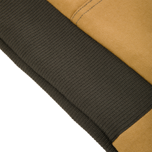 Lifestyle Duck Canvas Work Jacket in tan with a wide, dark brown ribbed knit hem.