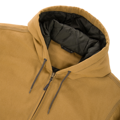 Lifestyle Duck Canvas Work Jacket in tan, featuring a quilted black lining, drawstring cords, and a front zipper.