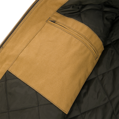 Close-up of the interior of a tan Duck Canvas Work Jacket, featuring a zippered chest pocket and dark quilted lining.