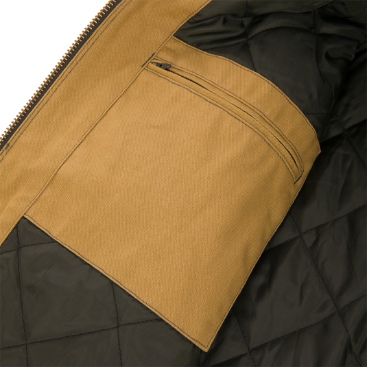 Close-up of the interior of a tan Duck Canvas Work Jacket, featuring a zippered chest pocket and dark quilted lining.