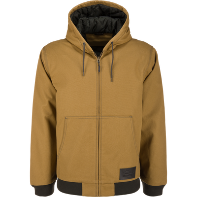 Antique Bronze Duck Canvas Work Jacket with a hood, quilted lining, ribbed cuffs and hem, and a front patch pocket.