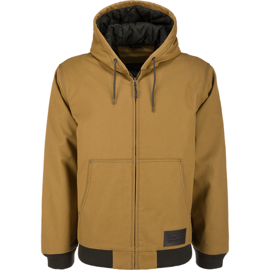 Antique Bronze Duck Canvas Work Jacket with a hood, quilted lining, ribbed cuffs and hem, and a front patch pocket.