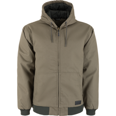 Mud brown Lifestyle Duck Canvas Work Jacket with a hooded, zip-up design, black interior lining, and ribbed cuffs.