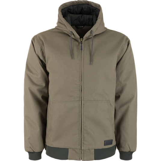Mud brown Lifestyle Duck Canvas Work Jacket with a hooded, zip-up design, black interior lining, and ribbed cuffs.