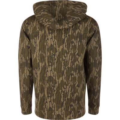 Back view of the Three End Full Zip Work Hoodie in tiger-stripe camouflage, showcasing its hood, ribbed cuffs, and hem for outdoor versatility.