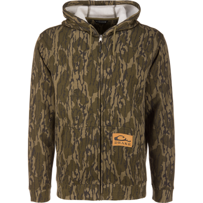 Camouflage-patterned Three End Full Zip Work Hoodie with kangaroo pockets, ribbed cuffs, and a lined, drawstring hood; features a small Drake brand leather patch.
