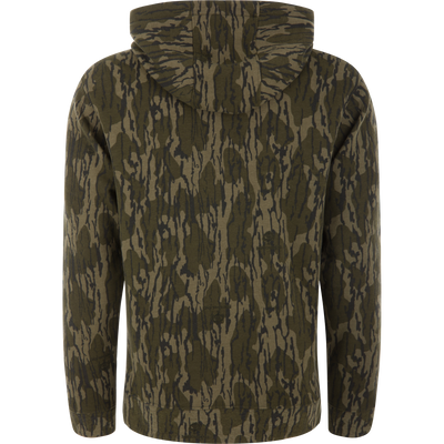 Olive-green tiger-stripe camouflage Cotton Logo Work Hoodie, featuring long sleeves and a hood, designed for comfort, durability, and everyday wear.