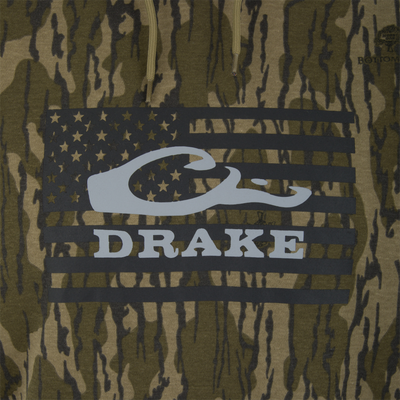 Camouflage-print Cotton Logo Work Hoodie with American-flag graphic and DRAKE text, showcasing durable cotton/poly blend for comfort and versatility in hunting or casual wear.