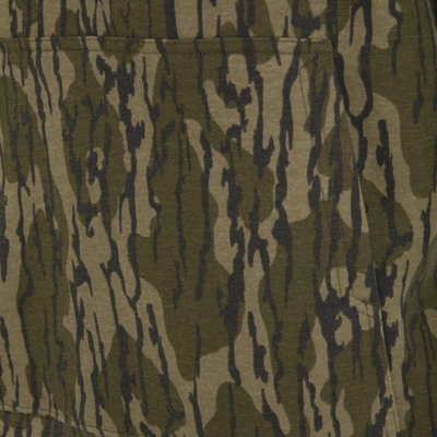 Close-up of the Cotton Logo Work Hoodie in tiger-stripe camouflage, highlighting the durable cotton/poly blend fabric and stitched seam detail, ideal for versatile, reliable wear.