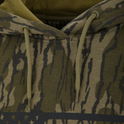 Camouflage Cotton Logo Work Hoodie, showing green/brown pattern, metal eyelets, drawcords, and star-printed band, highlighting durability and versatility for hunting and everyday wear.