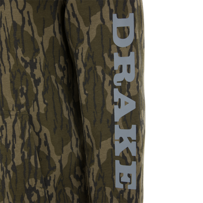 Close-up of the Cotton Logo Work Hoodie featuring a tiger-stripe camo pattern, demonstrating its durable cotton/poly blend and practical pocket design.