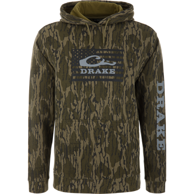 Men's Cotton Logo Work Hoodie in olive-green camouflage with drawstring hood, kangaroo pocket, American-flag graphic, and DRAKE on sleeve, designed for comfort and durability.
