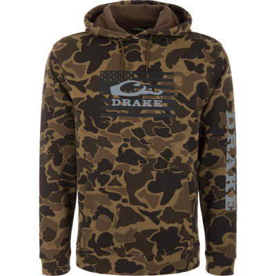 Cotton Logo Work Hoodie in camouflage with DRAKE branding and American-flag motif on chest, featuring drawstring hood, kangaroo pocket, and durable cotton/poly blend.