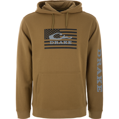 Cotton Logo Work Hoodie featuring a stylized American-flag graphic, Drake wave logo, and vertical DRAKE on the sleeve; ideal for comfort and durability.