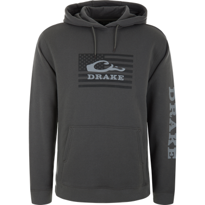 Drake Cotton Logo Work Hoodie with American-flag graphic and duck-bill logo; features kangaroo pocket, drawstrings, and DRAKE along right sleeve.