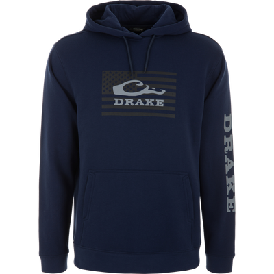 Navy-blue Cotton Logo Work Hoodie with drawstring hood, kangaroo pocket, and DRAKE graphics, offering midweight warmth and durability for versatile everyday wear.