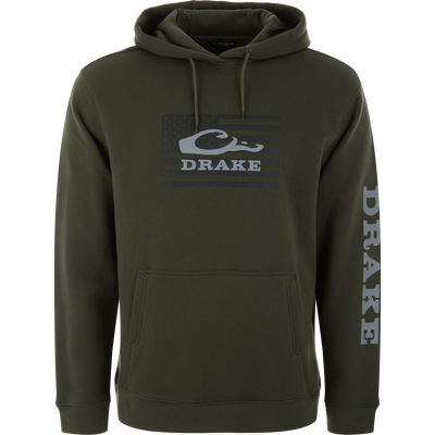 Olive-green Cotton Logo Work Hoodie with DRAKE logo and American-flag graphic, featuring a drawstring hood, kangaroo pocket, and sleeve text.