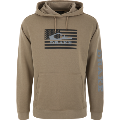 Khaki Cotton Logo Work Hoodie with black American-flag graphic, DRAKE text, kangaroo pocket, hood drawstrings, and DRAKE on the right sleeve.