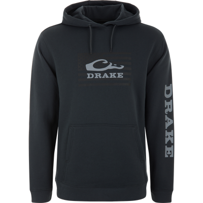 Cotton Logo Work Hoodie with drawstring hood, kangaroo pocket, American-flag motif, and DRAKE logo. Midweight cotton/poly blend for comfort and durability.