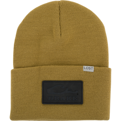 Mustard-colored Lost Hat Work Beanie with a folded cuff, featuring LOST tag and DRAKE wave patch, crafted from seamless 100% acrylic yarn.