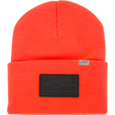 Lost Hat Work Beanie with DRAKE patch, featuring a 4 flip cuff and seamless Jacquard construction, ideal for quality fit and style.