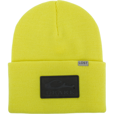 Lost Hat Work Beanie with DRAKE logo patch and LOST tag, featuring a 4 flip cuff and 9 length for a seamless fit.