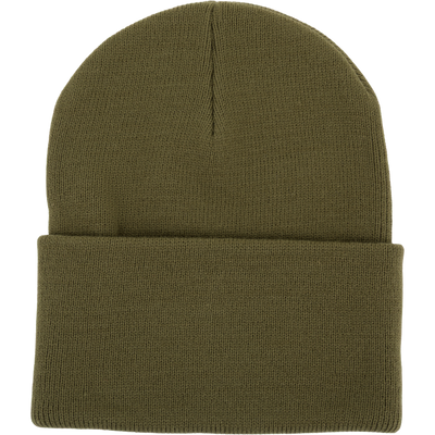 Lost Hat Work Beanie, olive-green, folded-brim knit with 4 flip cuff and 9 length, displayed flat, showcasing seamless Jacquard construction for quality fit.