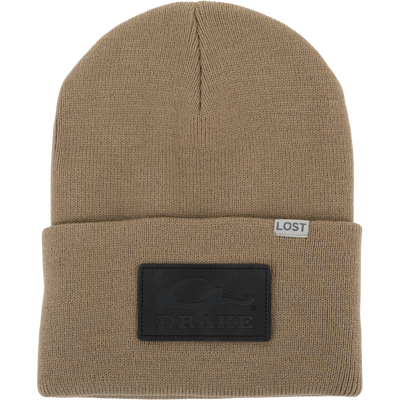 Lost Hat Work Beanie with LOST fabric tab and Drake logo patch; 100% acrylic, 4 cuff, 9 length, seamless Jacquard construction.