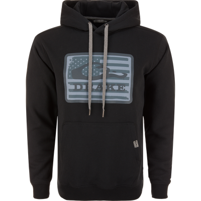 Drake Graphic Work Hoodie with front kangaroo pocket, adjustable drawstring hood, and elastic side panels, showcasing the Drake Work Logo emblem.