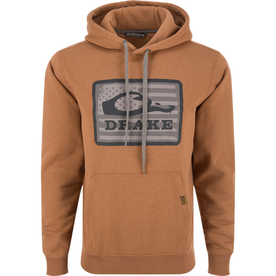 Drake Graphic Work Hoodie with front logo, adjustable hood, kangaroo pocket, and side panels for flexibility, made from a soft cotton-polyester blend.