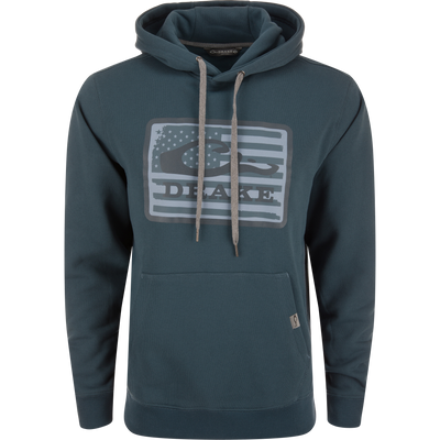 Drake Graphic Work Hoodie with front kangaroo pocket, adjustable drawstring hood, elastic side panels, and Drake Work Logo, ideal for active outdoor wear.