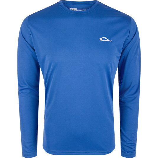 Drake Icon Americana Long Sleeve T-Shirt featuring a white elephant logo, designed for outdoor activities with breathable, quick-drying fabric and UPF 50 protection.