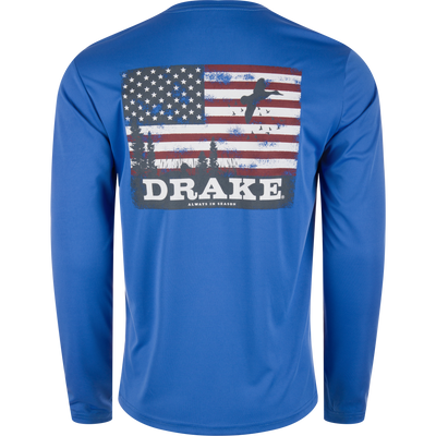 Drake Icon Americana Long Sleeve T-Shirt featuring a back flag design, ideal for outdoor activities with UPF 50 protection and moisture-wicking fabric.