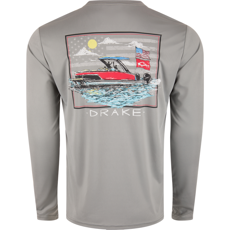 Drake Icon Americana Long Sleeve T-Shirt featuring a boat illustration, ideal for outdoor activities with breathable, quick-drying polyester and UPF 50 protection.