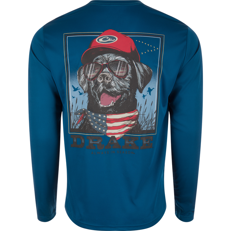 Drake Icon Americana Long Sleeve T-Shirt featuring a dog with sunglasses and a hat, ideal for outdoor activities with UPF 50 protection.