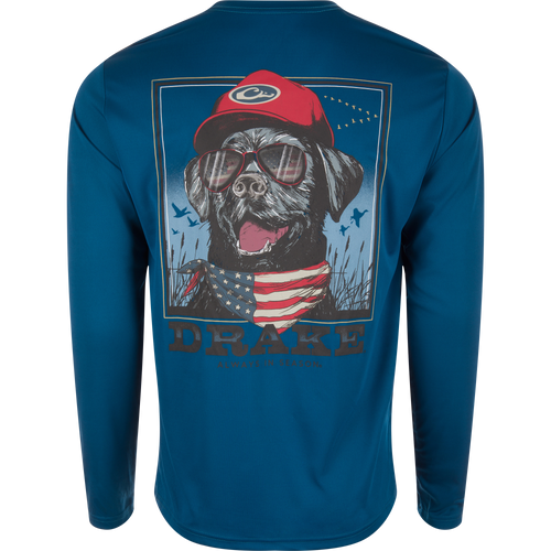 Drake Icon Americana Long Sleeve T-Shirt featuring a dog with sunglasses and a hat, ideal for outdoor activities with UPF 50 protection.