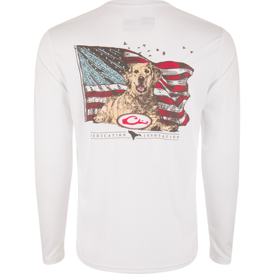 Drake Icon Americana Long Sleeve T-Shirt featuring a dog and flag design, ideal for outdoor activities with UPF 50 protection and moisture-wicking fabric.
